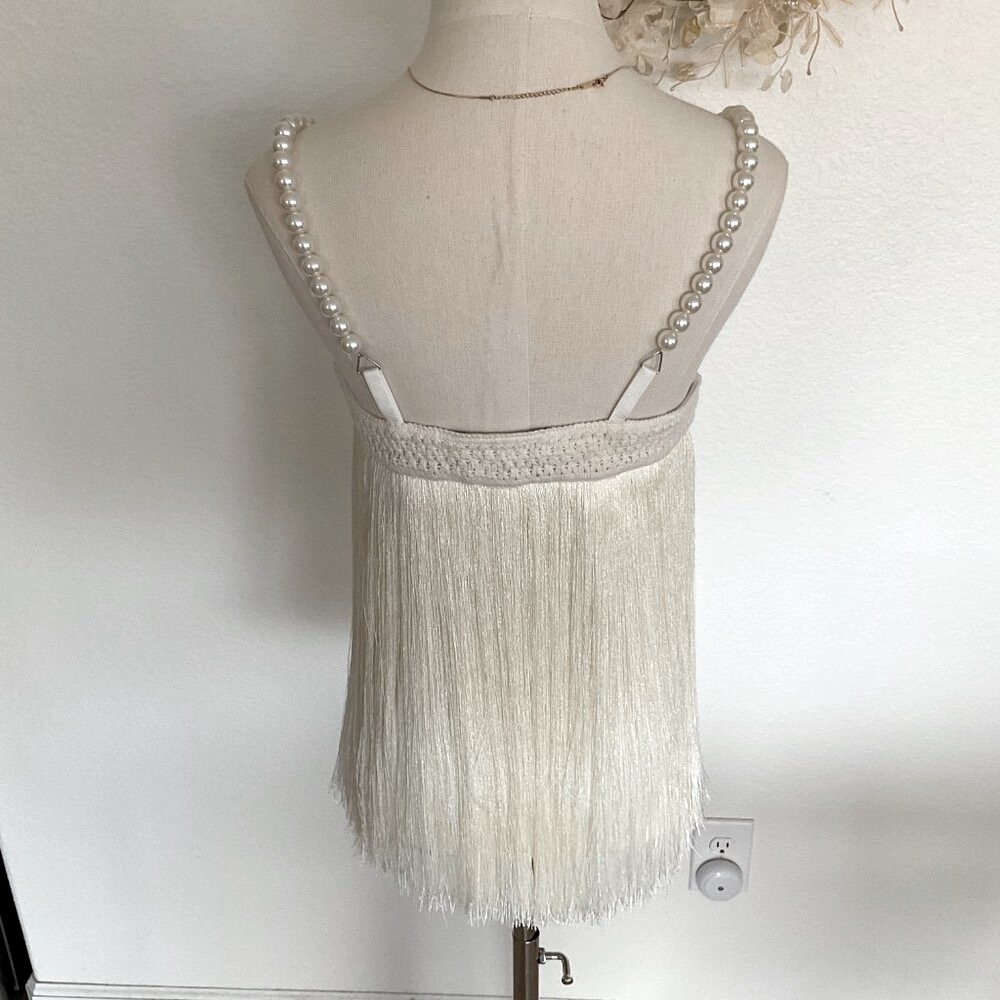 π€ BOSTON PROPER Pearl Embellished Fringe Knit Top Tank Flapper Ivory White - Picture 8 of 15
